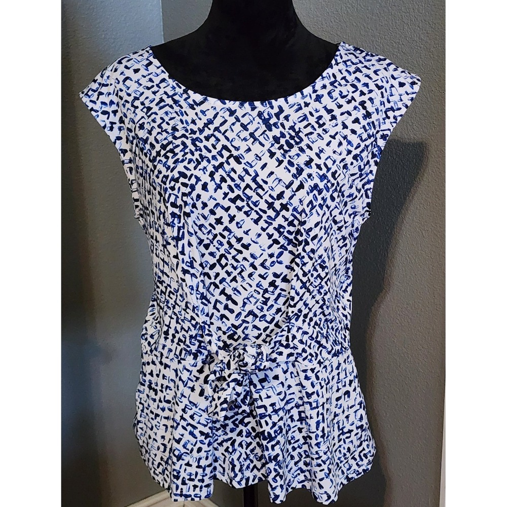 Emaline Blouse Large Blue White Abstract Print Tie Front Peplum Modern